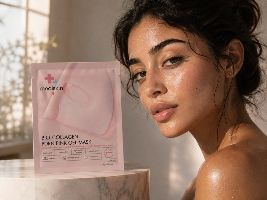 Sachet Mediskin Bio-Collagen PDRN Pink Gel Mask, 4 pièces, en lumière naturelle